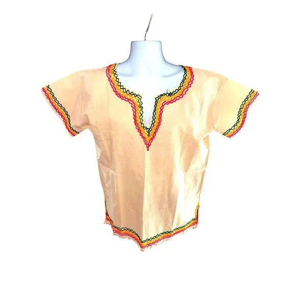 CCC Vintage Ethnic Unisex Top With Colorful Embroidery V Neck Beige Colorful Tri - Picture 6 of 6